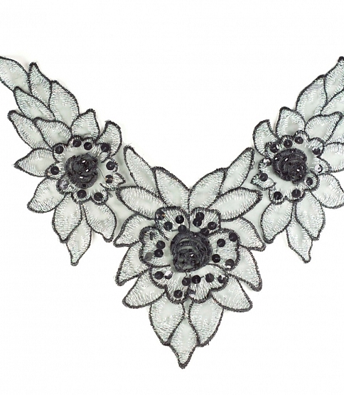 Black Floral Organza Neckline Applique - Click Image to Close